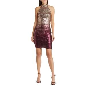 Badgley Mischka Sequined Backless Halter Mini Sheath Cocktail Dress Gold Size 2